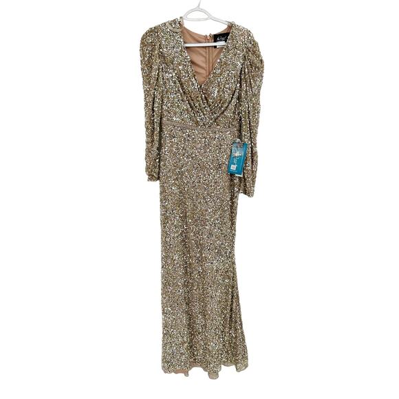 Mac Duggal 5510 Gold Puff Shoulder Sequined Surplice Gown Size 4 - Picture 3 of 6
